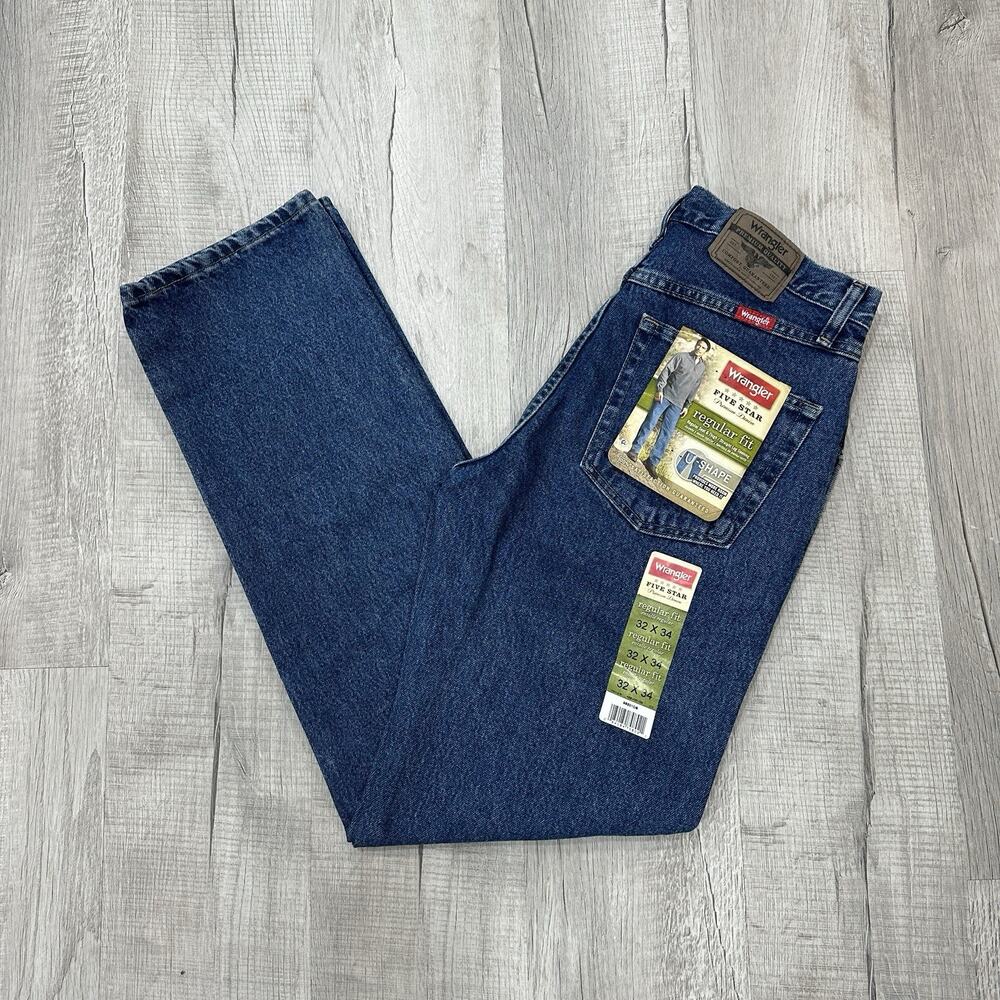 NWT Wrangler Jeans Mens 32x34 Five Star Relaxed Fit U Shape Dark Wash Workwear